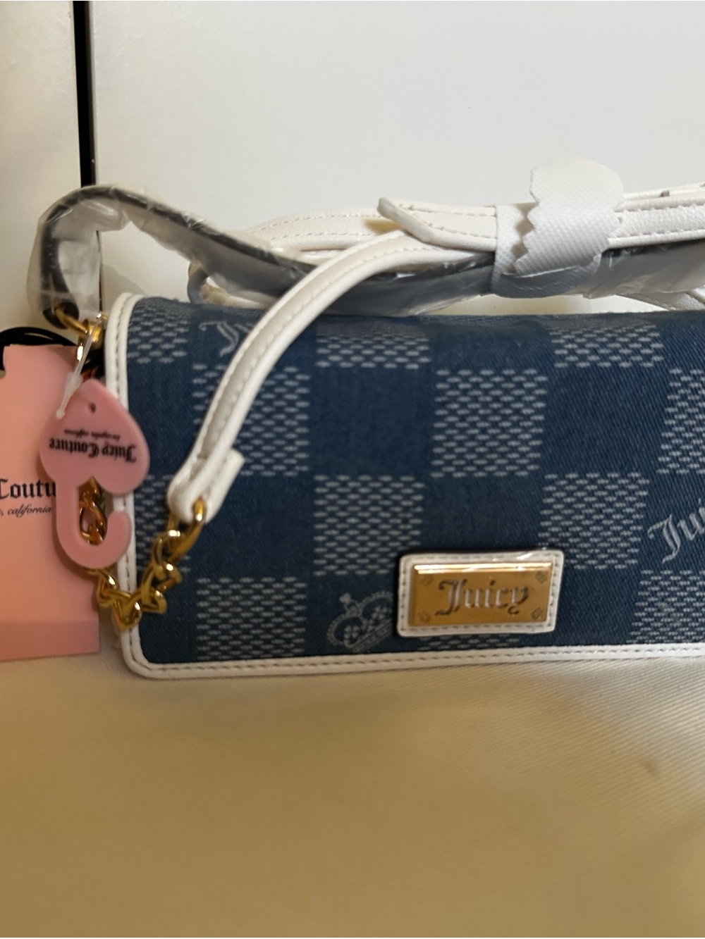 Juicy Couture Blue Check Crossbody Bag with White Trim